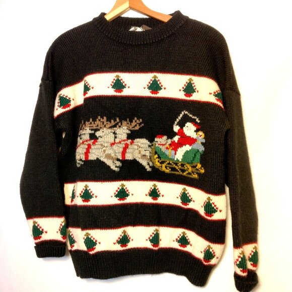 South Wool Christmas Sweater M Hand Loomed New Wool Santa Sleigh Reindeer - Picture 1 of 13